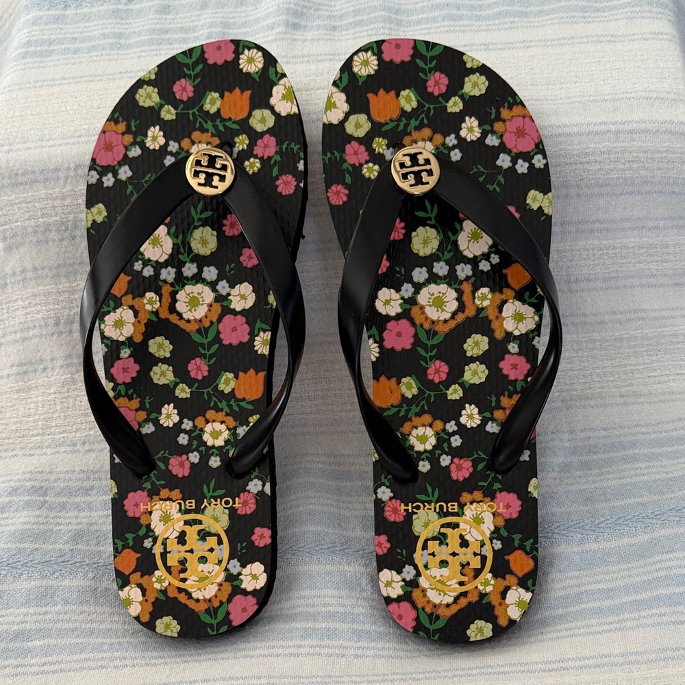 Tory Burch Black Floral flip flops